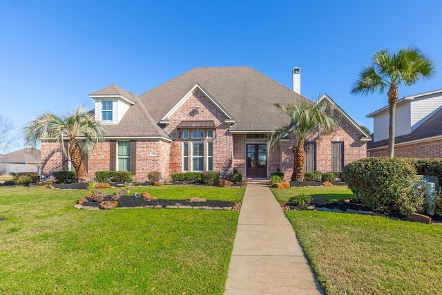 view of front facade featuring a front yard, french doors, brick siding, and roof with shingles