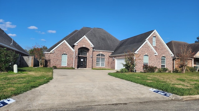 view of property featuring a garage and a front yard