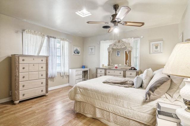 bedroom with ceiling fan and light hardwood / wood-style floors