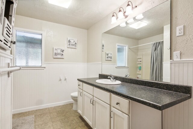 bathroom with vanity, a textured ceiling, and toilet