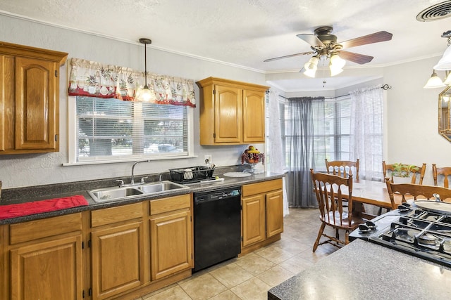 kitchen featuring dishwasher, ceiling fan, a wealth of natural light, and sink