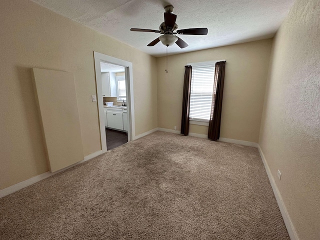 empty room featuring carpet flooring, ceiling fan, sink, and a textured ceiling