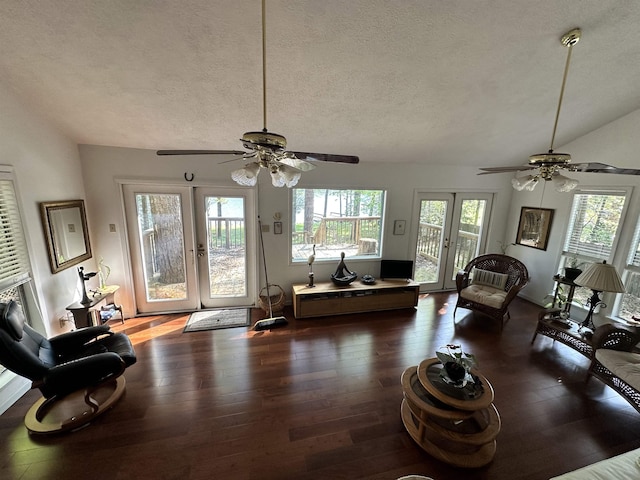 466 Galahad Loop Rd, Woodville, TX 75979 - living area featuring plenty of natural light, ceiling fan, lofted ceiling, and hardwood / wood-style flooring
