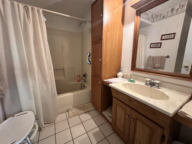 466 Galahad Loop Rd, Woodville, TX 75979 - full bathroom with shower / bathtub combination with curtain, tile patterned flooring, and vanity