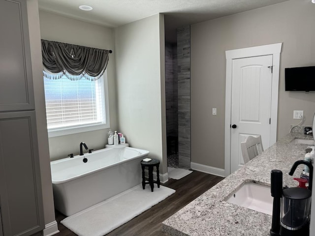 bathroom featuring wood-type flooring, vanity, and shower with separate bathtub