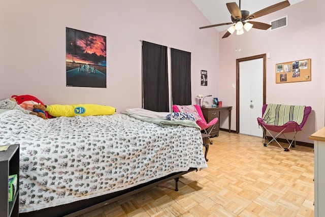 1135 Brandywine St, Beaumont, TX 77706 - bedroom with high vaulted ceiling and a ceiling fan