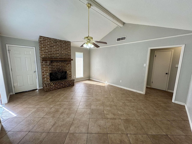 unfurnished living room with baseboards, visible vents, vaulted ceiling with beams, ceiling fan, and a brick fireplace