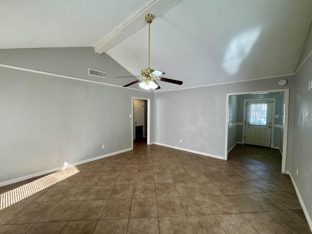 unfurnished living room with visible vents, ceiling fan, baseboards, lofted ceiling with beams, and tile patterned floors