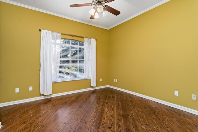 empty room featuring hardwood / wood-style floors, ceiling fan, and crown molding