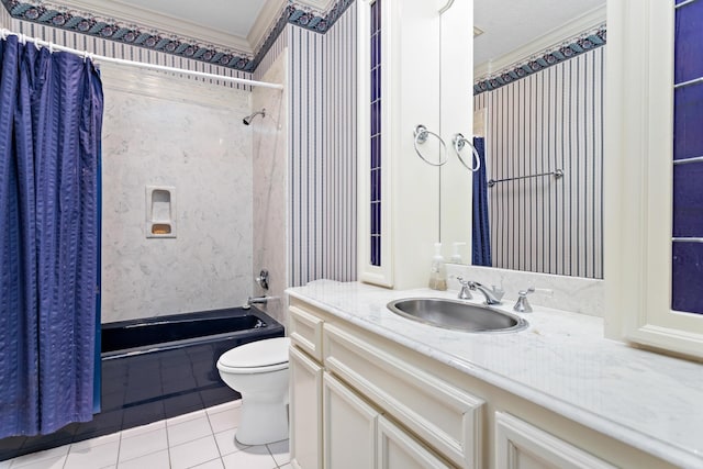 full bathroom with vanity, shower / bath combo with shower curtain, crown molding, tile patterned flooring, and toilet