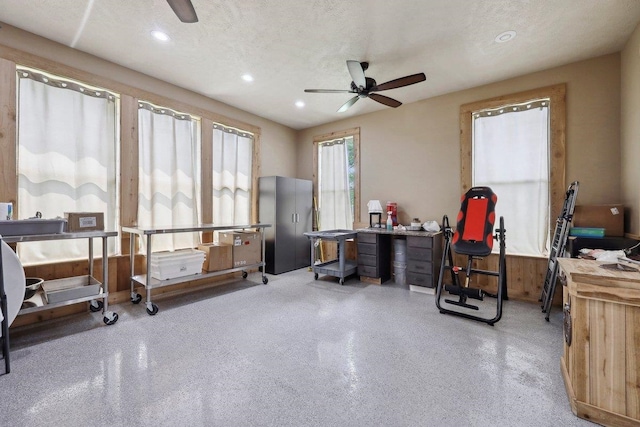 2014 Fish Lk, Kountze, TX 77625 - office featuring a ceiling fan, recessed lighting, and speckled floor