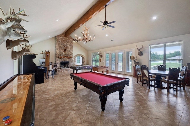 2014 Fish Lk, Kountze, TX 77625 - game room with a fireplace, ceiling fan with notable chandelier, recessed lighting, pool table, and beamed ceiling