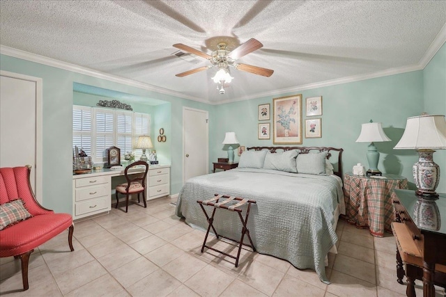 6125 Pinkstaff Ln, Beaumont, TX 77706 - bedroom with a textured ceiling, light tile patterned flooring, ornamental molding, and a ceiling fan