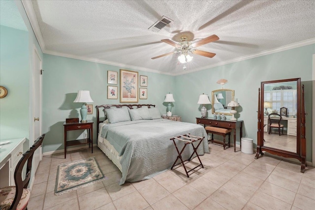 6125 Pinkstaff Ln, Beaumont, TX 77706 - bedroom featuring a textured ceiling, light tile patterned floors, crown molding, baseboards, and a ceiling fan