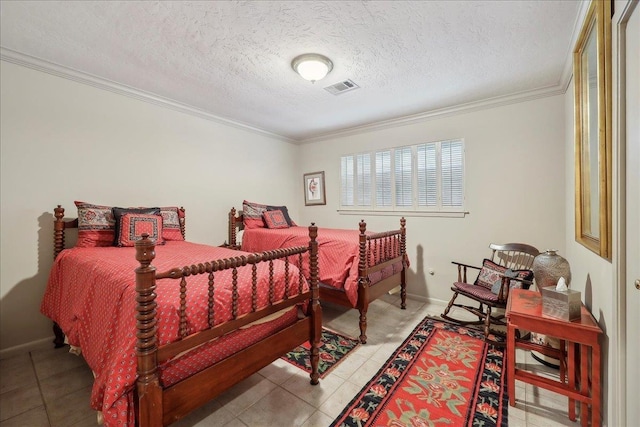 6125 Pinkstaff Ln, Beaumont, TX 77706 - bedroom with crown molding, a textured ceiling, light tile patterned floors, and baseboards