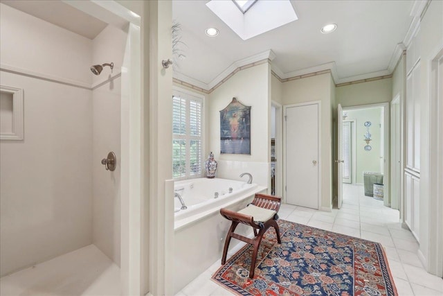 6125 Pinkstaff Ln, Beaumont, TX 77706 - bathroom featuring a skylight, a bath, a shower, crown molding, and recessed lighting