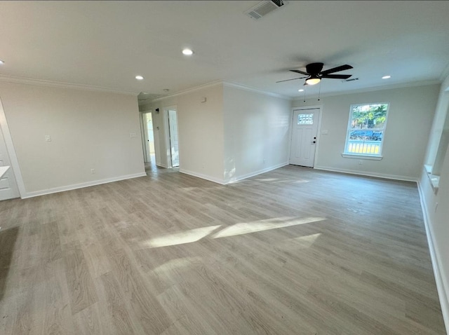 unfurnished living room with ceiling fan, light wood-type flooring, and ornamental molding