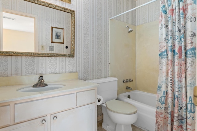 full bath featuring visible vents, shower / tub combo, vanity, toilet, and wallpapered walls