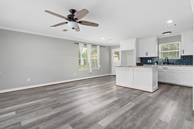 125 Needles, Vidor, TX 77662 - kitchen featuring ornamental molding, white cabinets, light wood-type flooring, a ceiling fan, and decorative backsplash