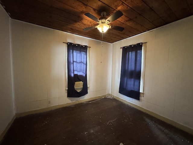 spare room featuring ceiling fan and wood ceiling