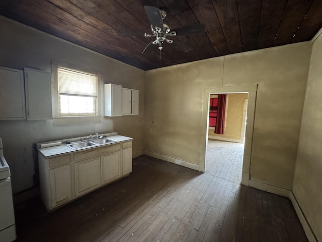 kitchen featuring ceiling fan, dark wood-type flooring, sink, electric range, and wooden ceiling