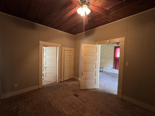 unfurnished bedroom featuring hardwood / wood-style floors, ceiling fan, and wooden ceiling