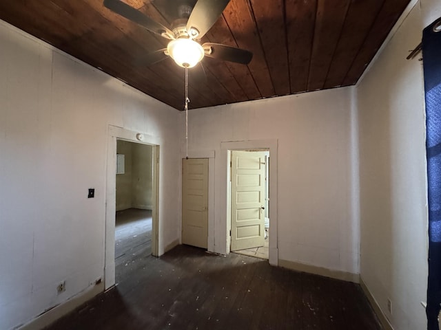 empty room with dark hardwood / wood-style flooring, ceiling fan, and wood ceiling
