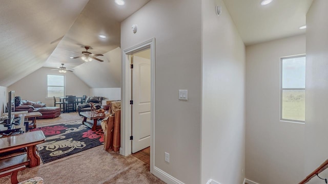 15360 Hercules Dr, Beaumont, TX 77713 - hallway with carpet floors, vaulted ceiling, and recessed lighting