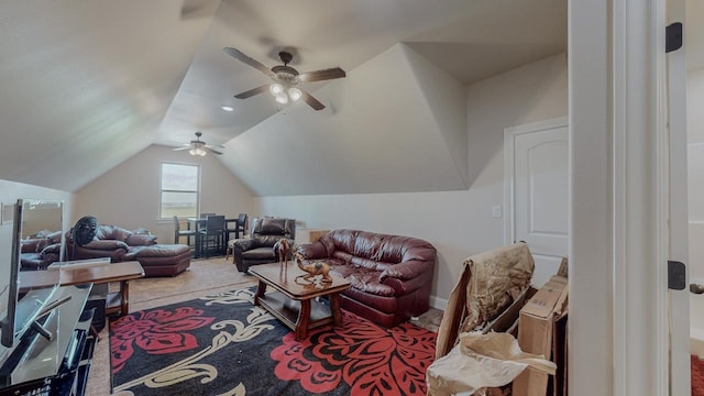 15360 Hercules Dr, Beaumont, TX 77713 - carpeted living area with lofted ceiling and a ceiling fan