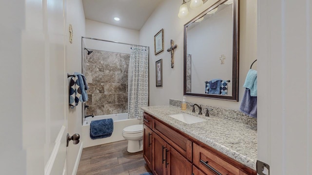 15360 Hercules Dr, Beaumont, TX 77713 - bathroom with vanity, wood finished floors, and shower / bathtub combination with curtain