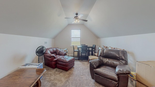 15360 Hercules Dr, Beaumont, TX 77713 - living area with carpet floors, ceiling fan, and vaulted ceiling