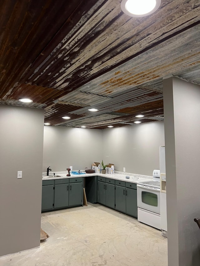 kitchen with white electric stove, sink, and wooden ceiling