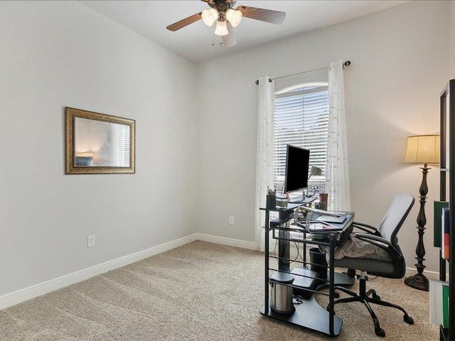 office area featuring carpet flooring and ceiling fan