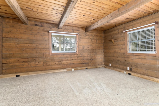 unfurnished room with beamed ceiling, wooden ceiling, carpet floors, and wooden walls