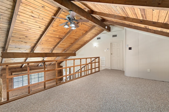 bonus room featuring carpet, high vaulted ceiling, ceiling fan, beam ceiling, and wood ceiling