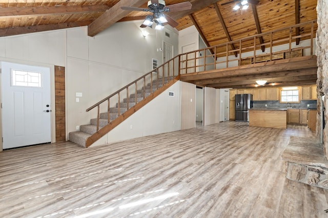 unfurnished living room featuring light wood-type flooring, high vaulted ceiling, ceiling fan, and sink