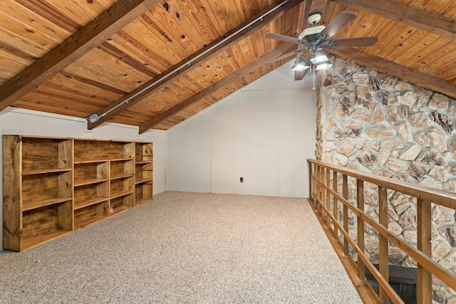 bonus room with carpet, vaulted ceiling with beams, ceiling fan, and wooden ceiling