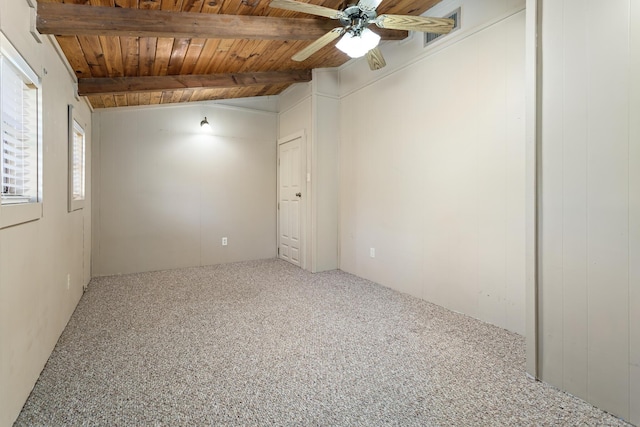 empty room with lofted ceiling with beams, ceiling fan, carpet floors, and wooden ceiling