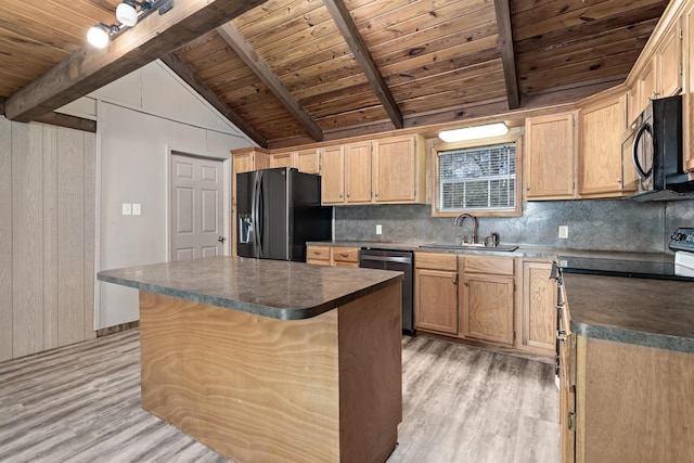 kitchen featuring a center island, sink, vaulted ceiling with beams, wood ceiling, and stainless steel appliances