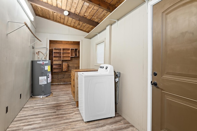 laundry room with wooden walls, electric water heater, wood ceiling, and light hardwood / wood-style flooring