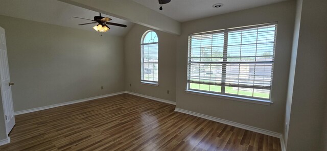 empty room featuring dark hardwood / wood-style floors, a wealth of natural light, and ceiling fan