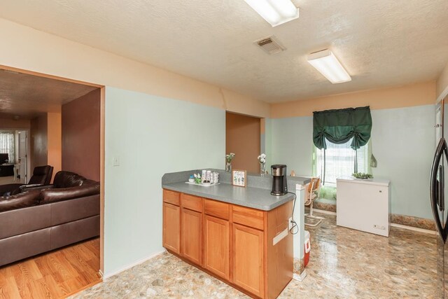 1007 Ewing St, Beaumont, TX 77701 - kitchen featuring open floor plan, a peninsula, a textured ceiling, baseboards, and stainless steel fridge