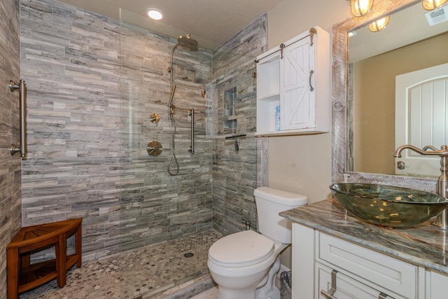 bathroom featuring tiled shower, vanity, and toilet