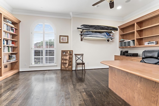 office area with dark hardwood / wood-style floors, ceiling fan, and ornamental molding