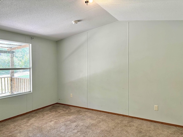 unfurnished room featuring lofted ceiling, light colored carpet, a wealth of natural light, and a textured ceiling