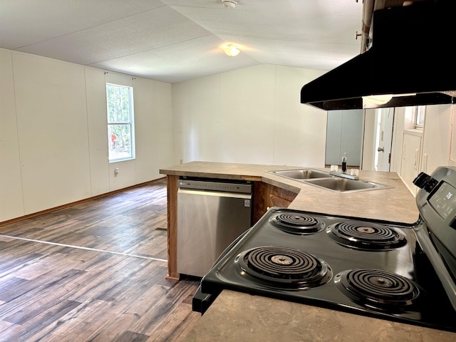 kitchen with ventilation hood, stove, dark hardwood / wood-style flooring, dishwasher, and sink