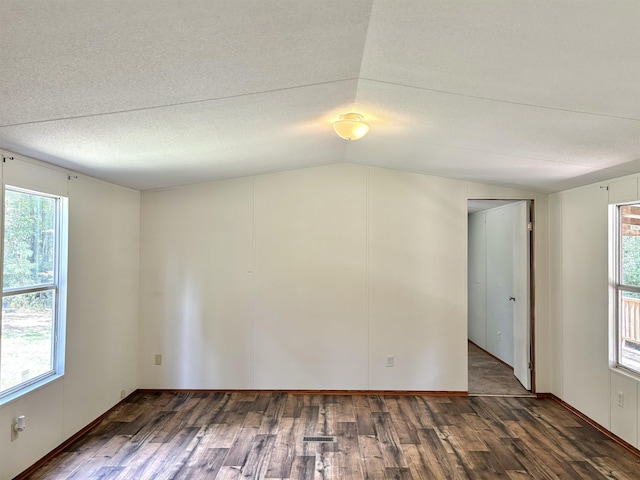 spare room with vaulted ceiling, dark hardwood / wood-style floors, and plenty of natural light