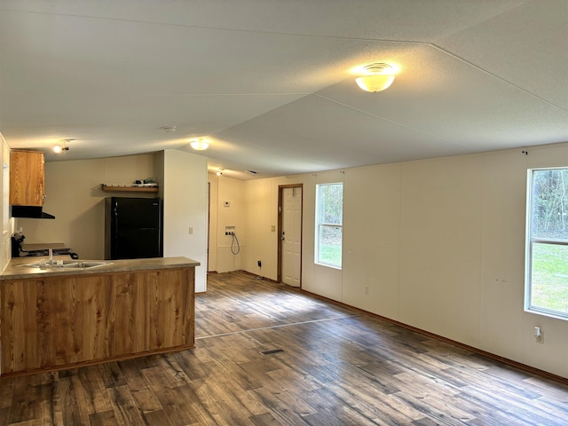 kitchen with black fridge, a wealth of natural light, and dark hardwood / wood-style floors