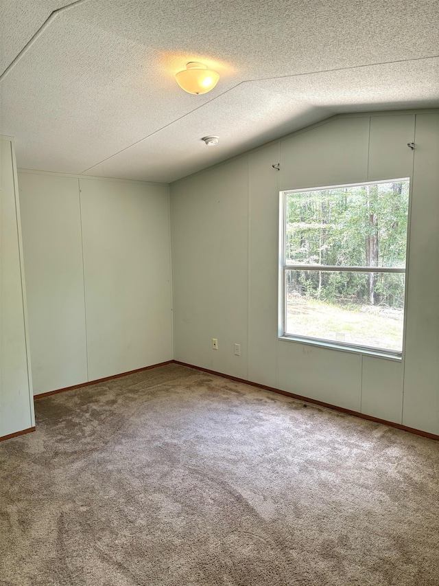 carpeted empty room featuring vaulted ceiling and a textured ceiling