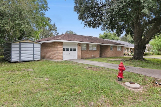 ranch-style house with a shed and a front lawn